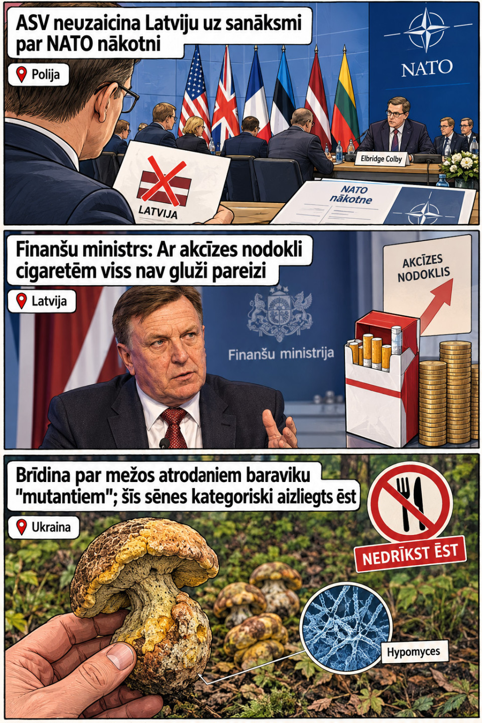 AI veidots dienas ziņu komikss par trim svarīgākajām dienas ziņām - 01.10.2026