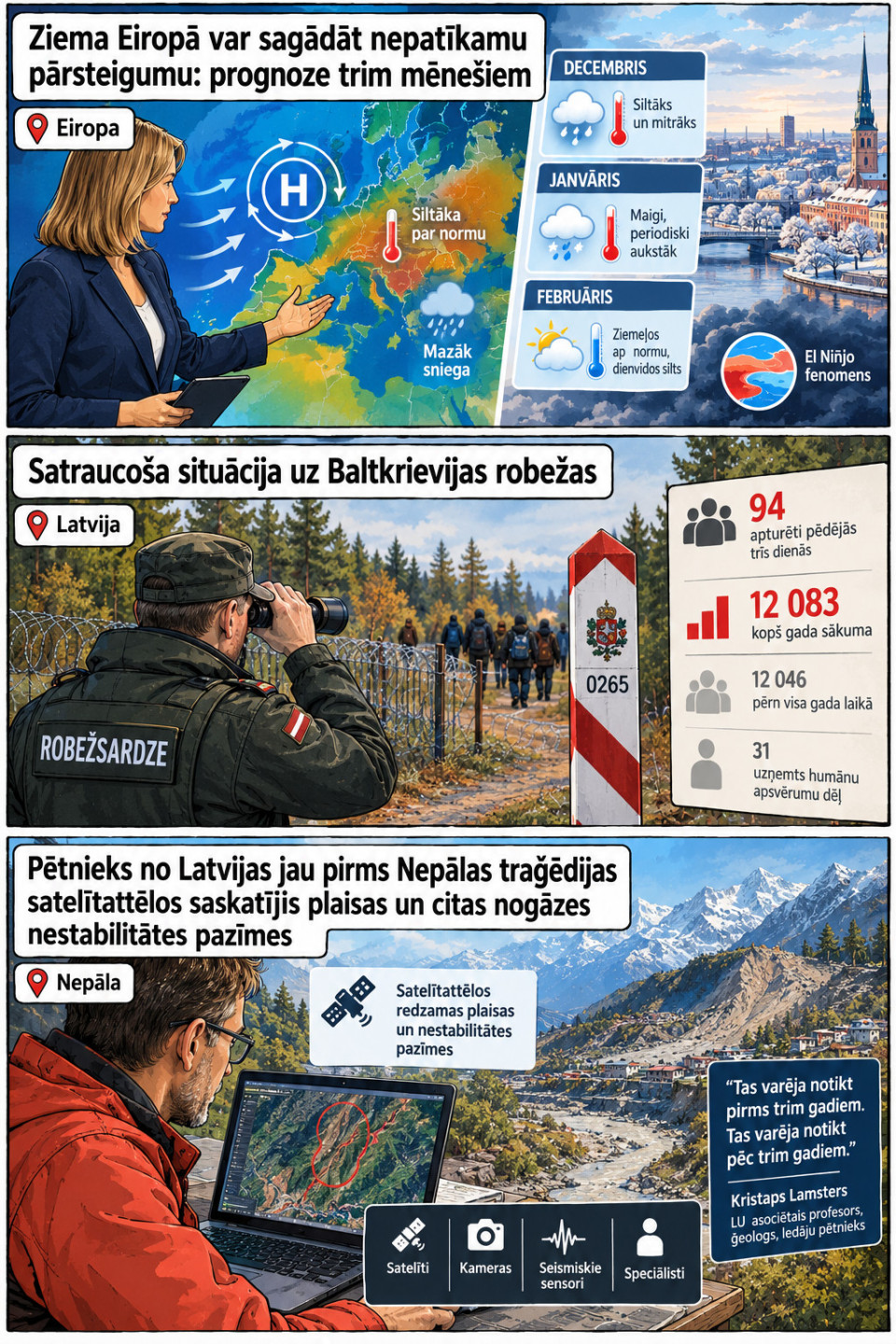 AI veidots dienas ziņu komikss par trim svarīgākajām dienas ziņām - 12.10.2026